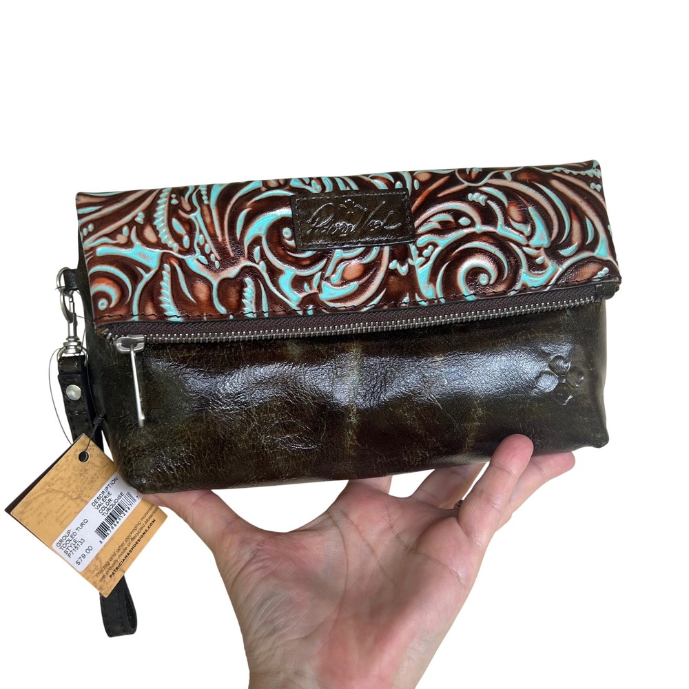 NWT Patricia Nash Tooled Leather Turquoise Valerie Foldover Wristlet Clutch